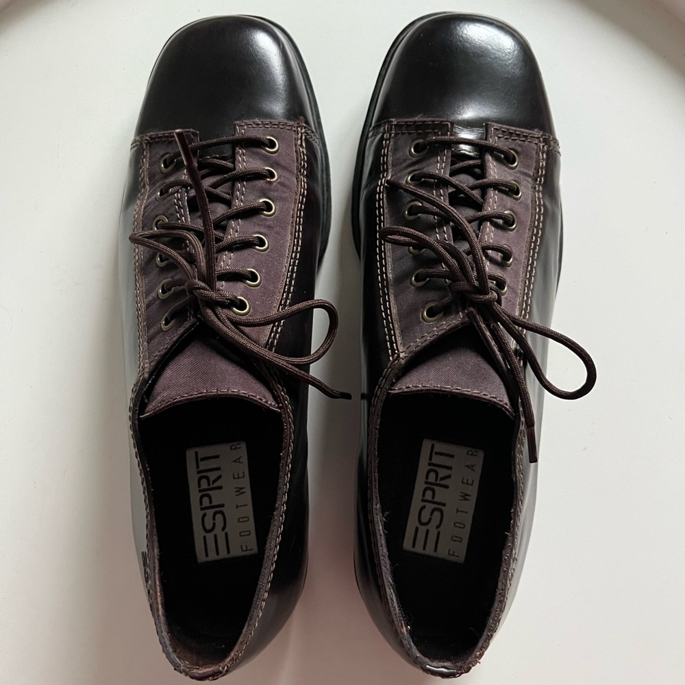 Vintage ESPRIT Brown Leather 8.5 Square Toe Lace Up Oxford Loafers